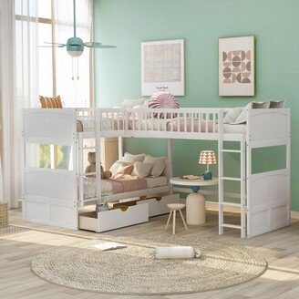 Twin over Twin Bunk Bed with Twin Size Loft Bed with 2 Drawers, White