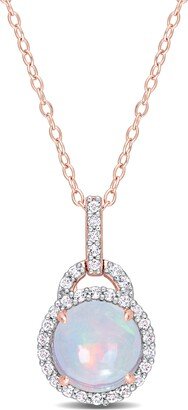 Mimi & Max 3 1/4 CT TGW Blue Ethiopian Opal and White Topaz Halo Pendant with Chain in Rose Plated Sterling Silver