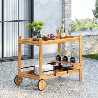 Bavier Outdoor Acacia Wood 2 Tiered Bar Cart with Bottle Holders