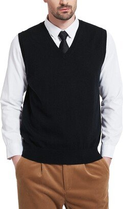 Kallspin Men's Wool Blended Relaxed Fit Sweater Vests Knit V-Neck Sleeveless Sweater(Black