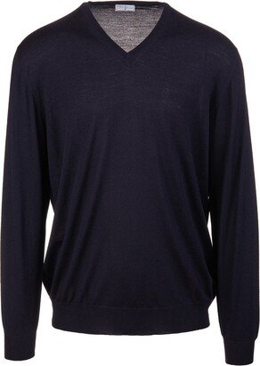 Navy Wool V-Neck Pullover