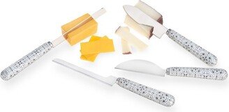 4 Piece Cheese Knives Set with Ceramic Tile Pattern Handles, For Hard and Soft Cheese, Bread and More, Stainless Steel Blades, White