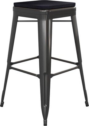 Kai Commercial Grade Indoor-Outdoor Bar Height Stool - Black Metal Frame - Black Poly Resin Seat - 30