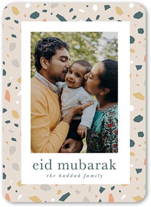 Eid Cards: Flecked Trim Eid Card, Grey, 5X7, Pearl Shimmer Cardstock, Rounded