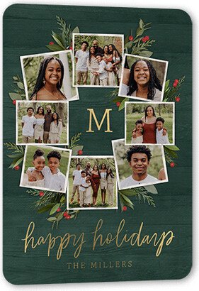 Holiday Cards: Photo Wreath Holiday Card, Gold Foil, Green, 5X7, Holiday, Matte, Personalized Foil Cardstock, Rounded