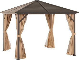 10x10 Hardtop Gazebo with Aluminum Frame, Permanent Metal Roof Gazebo Canopy with Curtains and Netting for Garden, Backyard, Light Brown