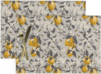 Summer Botanical Placemats | Set Of 2 - Bees & Lemons Gray By Fernlesliestudio Citrus Mustard Yellow Cloth Spoonflower