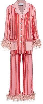 Striped Feather-Trim Two-Piece Pajama Set