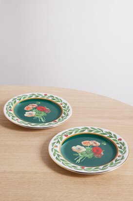 Set Of Two Gold-plated Porcelain Dessert Plates - Green