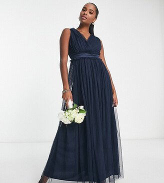 Anaya Petite Bridesmaid v neck ruffle waist maxi dress in navy blue