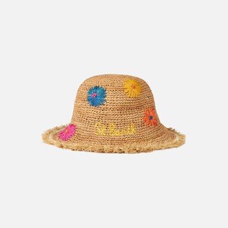 Woman Straw Bucket With Multicolor Flowers Embroidery