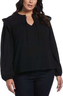 Ella Rafaella Plus Size Eyelet Yoke Ruffle Gauze Long Sleeve Blouse