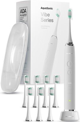 AQUASONIC VIBE Series White UltraSonic Whitening Toothbrush with 8 DuPont Brush Heads & Travel Case