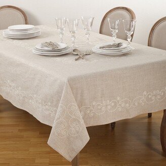 Saro Lifestyle Embroidered Swirl Natural Linen Blend Tablecloth, , Beige