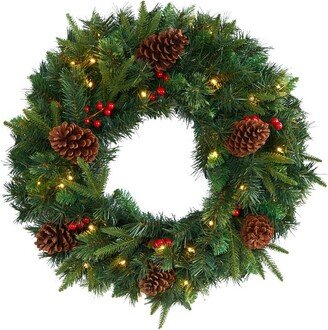 24” Mixed Pine Artificial Christmas Wreath with 35 Clear LED Lights and Berries