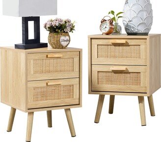 EPOWP Nightstand, End Table, Side Table with 2 Hand Made Rattan Decorated Drawers, Nightstands Set of 2, Wood Accent Table