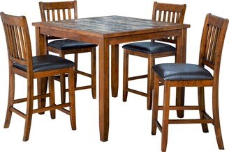 5 Piece Counter Height Dining Table Set, Dark Acacia Wood, Brown, Black