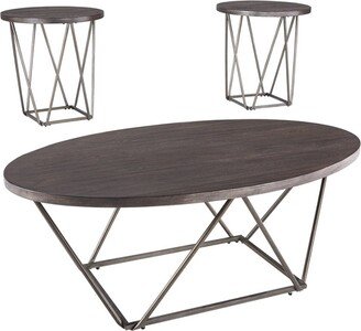 Elm Wood Table Set with Bridge Truss Metal Base, Set of Three, Brown and Gray