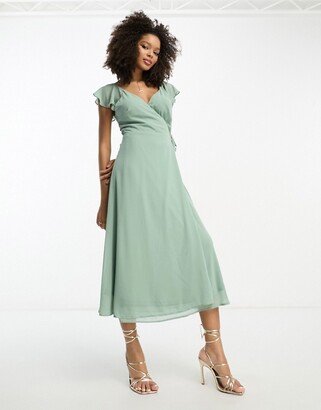 Bridesmaid wrap full skirt maxi dress with flutter sleeves in green