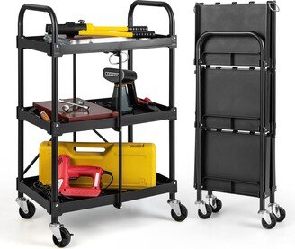 Folding Collapsible Service Cart Heavy-Duty 3-Shelf Tool Cart - 24'' x 17'' x 38''