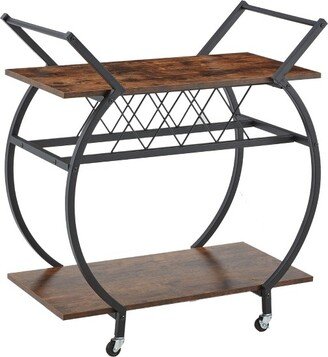 Jomeed Wood and Metal Portable Rolling Kitchen Bar or Coffee Cart with 3 Bottle Horizontal Wine Rack with Handles and Lockable Casters, Gray Oak