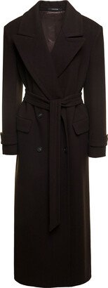 'julia' Long Brown Double-breasted Coat With Matching Belt In Wool And Cashmere Woman