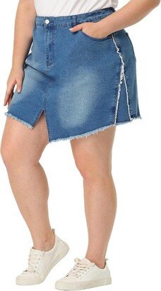 Agnes Orinda Agne Orinda Women' Plu Size Denim Aymmetrical Slit Fahion Pocket Raw Hem Mini Skirt Blue 4X