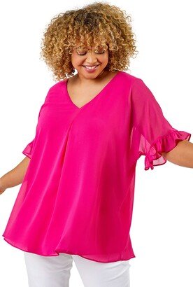 Roman Originals Women Curve Frill Sleeve Pleat Detail Top - Ladies Spring Everyday Summer Holiday V-Neckline Comfy Soft Shirt Relaxed All-Over Blouses - Fuchsia - Size 18