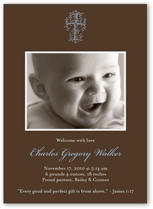 Baby Boy Birth Announcements: Blessed Cross Blue Birth Announcement, Brown, Standard Smooth Cardstock, Square