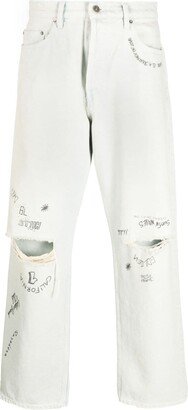 Distressed-Effect Text-Print Straight-Leg Jeans