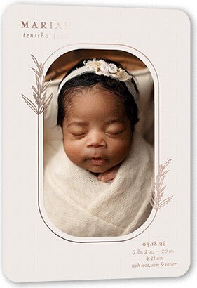 Birth Announcements: Gilded Leaf Birth Announcement, Beige, Rose Gold Foil, 5X7, Matte, Personalized Foil Cardstock, Rounded