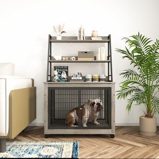 BEYONDHOME Dog Crate Side Table with Shelves - Double Doors, Raised Roof