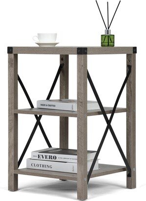 Global Pronex Farmhouse Square End Table, Wood Sofa Side Table with X-Shaped Metal Support, 3-Tier Storage Shelf