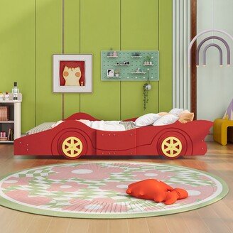 EDWINRAY Full Size Race Car-Shaped Wooden Floor Platform Bed with Wheels, Red