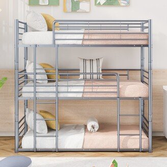 IGEMAN Gray Separable Twin-Twin-Twin Metal Frame Triple Bunk Bed with Built-in Ladder, Total 3 Metal Twin Beds