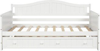 CTEX Classic Twin Size Wood Daybed with Pull-Out Twin Size Trundle Bed and 3-Side Guardrail