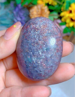 Shimmering Rare Purple Iolite Palm Stone, Jewelrylous Cordierite Water Sapphire Pocket With Lattice Sunstone Oval Stone