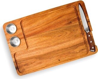 Premium 100% Acacia Steak Board Set with Juice Groove, Steak Knife, and Condiment Cups