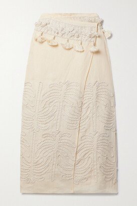 Net Sustain Tansania Sun Tassled Embroiderd Linen And Cotton-blend Midi Wrap Skirt - Ecru