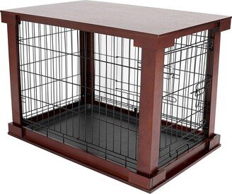 2 Door Decorative Pet Kennel with Wooden Protection Cover, Divider Insert, and Removable Tray End or Side Table, Large, Brown