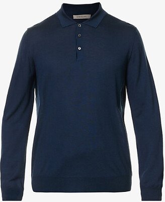 Mens Blue Collared Relaxed-fit Wool Polo Shirt