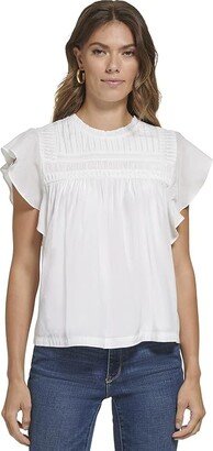 Flutter Sleeve Crew Neck Blouse (Linen/White) Women's Clothing