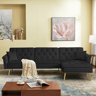 IGEMAN Modern Velvet Upholstered Sectional Sofa Bed, L-Shaped Reversible 3-Seat Couch with Movable Ottoman & Nailhead Trim-AC