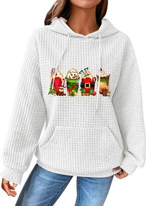 Generic Women's Hooded Sweatshirt Christmas Milk Tea Print Drawstring Plaid Fabric Pocket Sweatshirt Long Sleeve (White #1