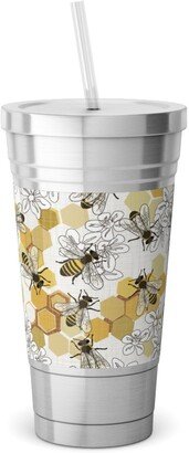 Travel Mugs: Save The Honey Bees - Yellow Stainless Tumbler With Straw, 18Oz, Yellow