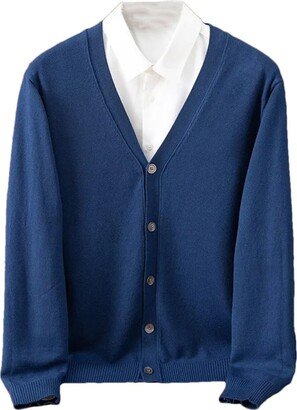 Generic Autumn and Winter Men's Wool Cardigan Sweater Men's Solid Color Sweater Navy Blue L