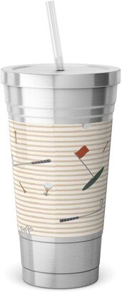 Travel Mugs: Tee Time - Neutral Stainless Tumbler With Straw, 18Oz, Beige