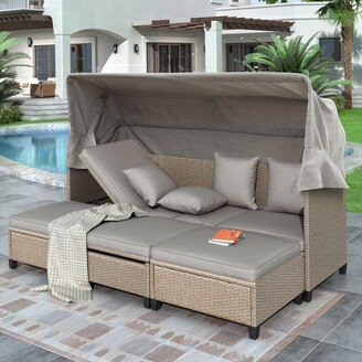 RASOO 5Pcs Outdoor Sectional PE Rattan Wicker 3-Seat Retractable Canopy's Daybed Sofa Set with 2 Armless SofaChair and Side Table