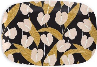 Serving Platters: Art Nouveau Anthuriums - Black Mustard And Pale Peach Serving Platter, Multicolor