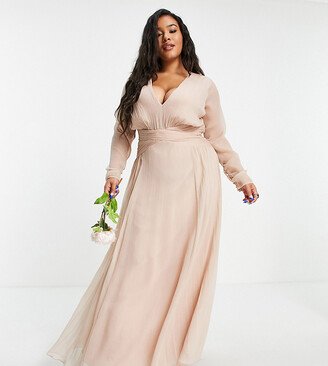 ASOS DESIGN Curve Bridesmaid ruched waist maxi dress with long sleeves and pleat skirt in blush